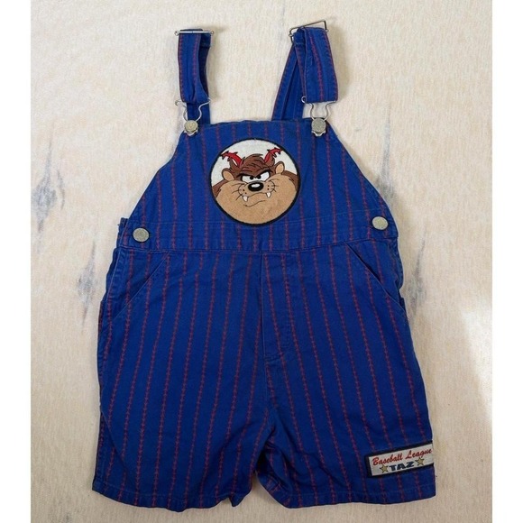 Looney Tunes Mania Other - Vintage Looney Tunes Taz Toddler Overalls Blue Red Stripe Shortalls 4T